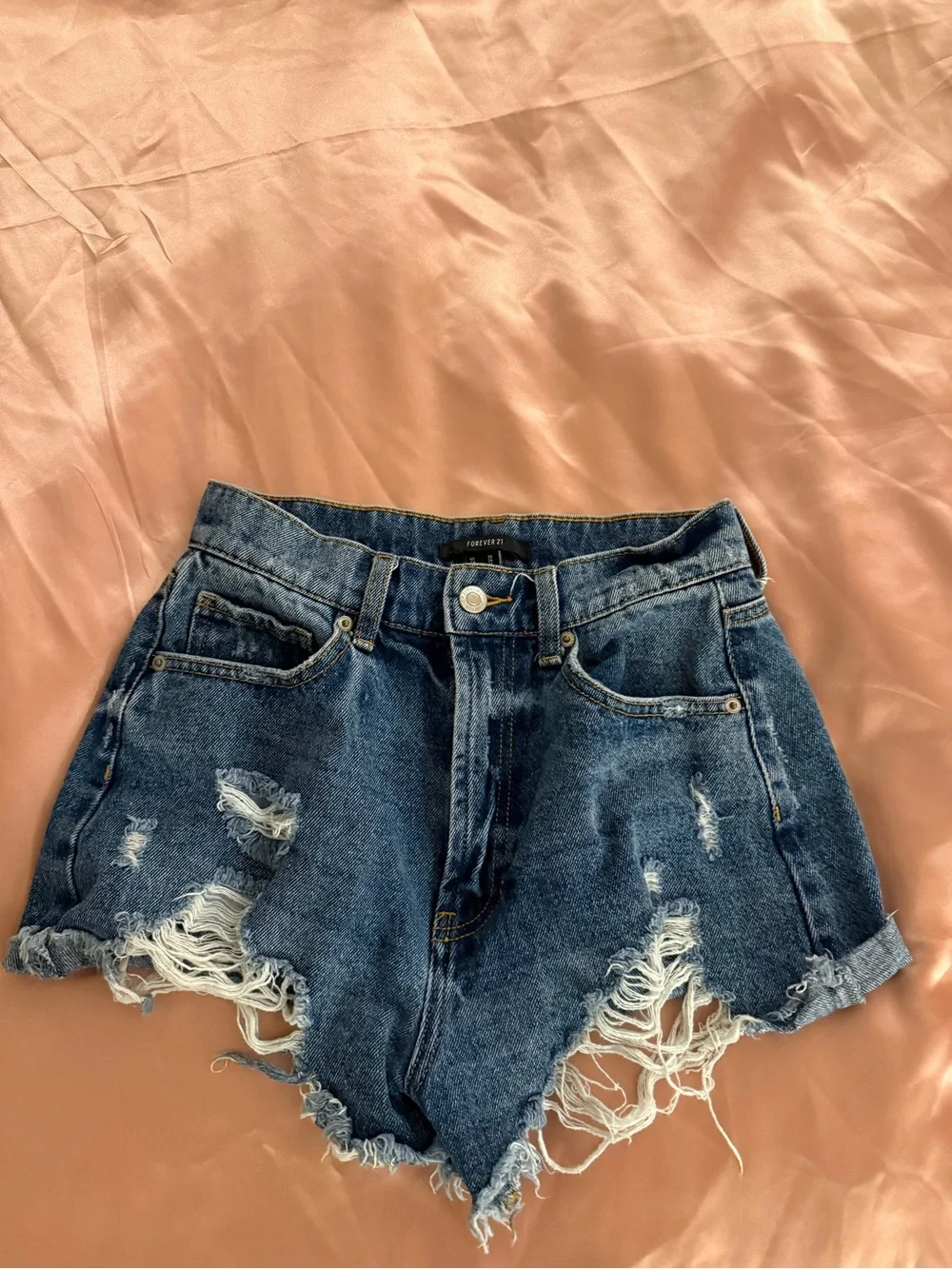 Forever 21 Dark Blue Distressed High-Waist Denim Shorts
